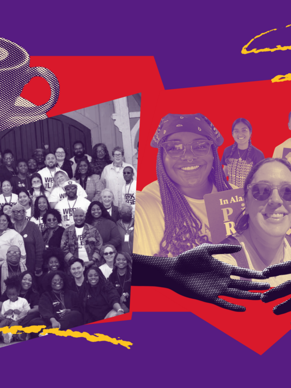 collage of people posing in a group and a coffee cup and hands reaching for hands