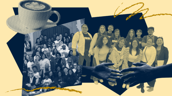 collage of people posing in a group and a coffee cup and hands reaching for hands