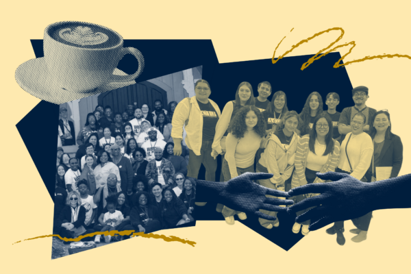 collage of people posing in a group and a coffee cup and hands reaching for hands