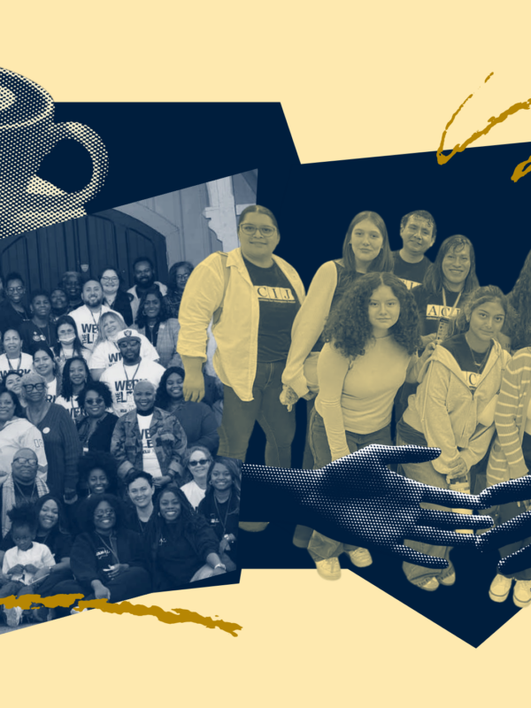 collage of people posing in a group and a coffee cup and hands reaching for hands