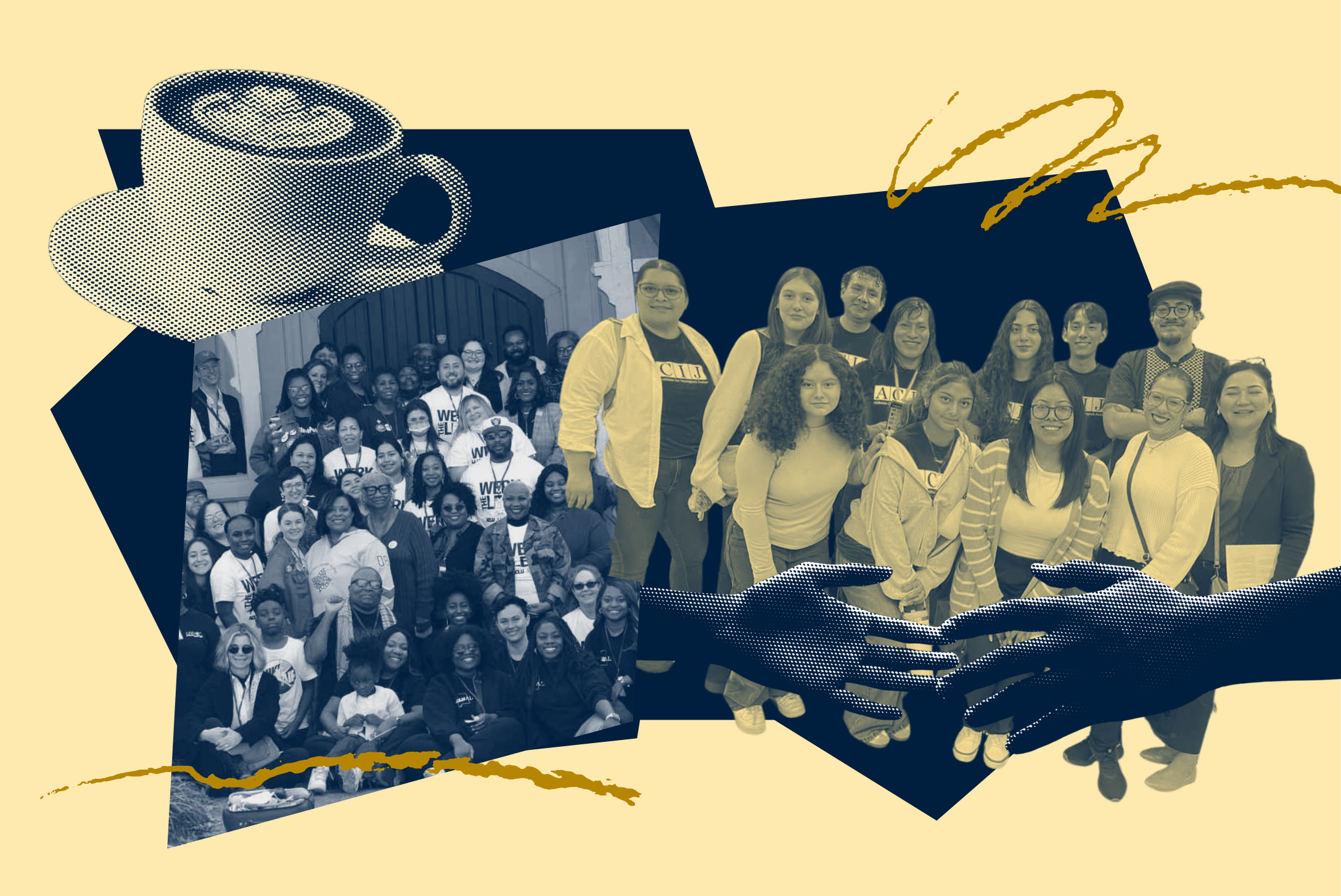 collage of people posing in a group and a coffee cup and hands reaching for hands