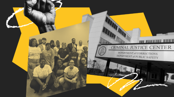 collage of people posing in a group and a raised fist and the ADOC building