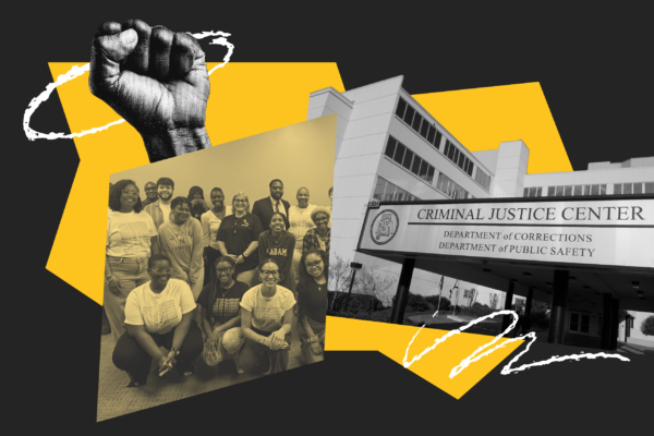 collage of people posing in a group and a raised fist and the ADOC building