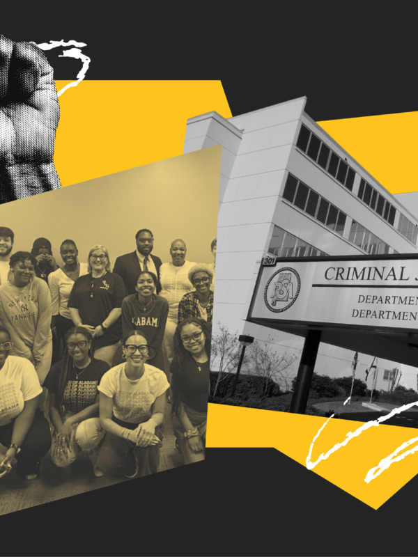 collage of people posing in a group and a raised fist and the ADOC building