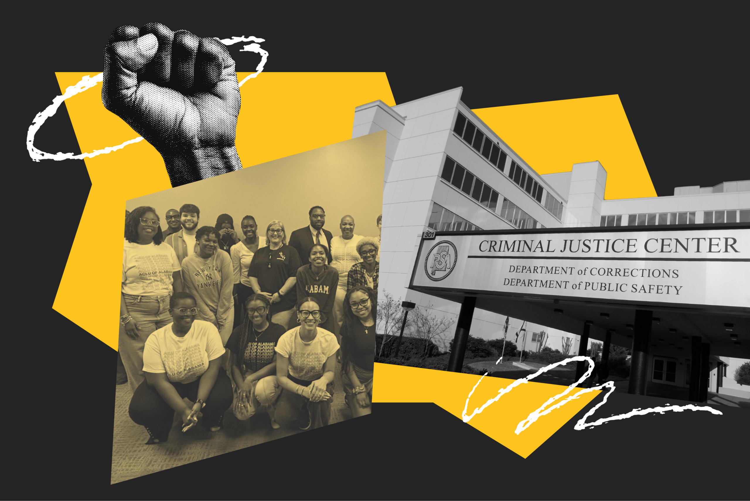 collage of people posing in a group and a raised fist and the ADOC building