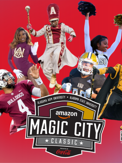 collage of football players and band members and dance and cheer leaders on a red field