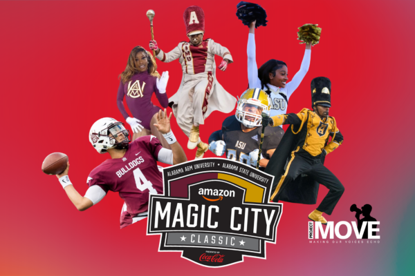 collage of football players and band members and dance and cheer leaders on a red field
