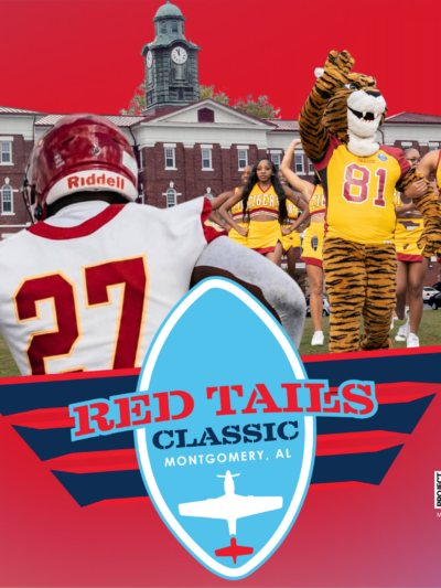 collage of football players and band members and dance and cheer leaders on a red field