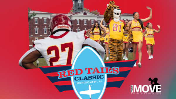 collage of football players and band members and dance and cheer leaders on a red field