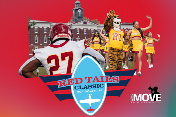 collage of football players and band members and dance and cheer leaders on a red field