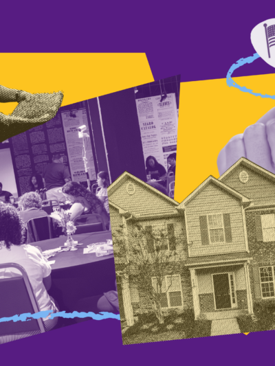 collage of community services on a yellow and purple field