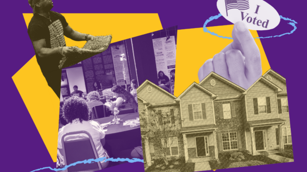 collage of community services on a yellow and purple field