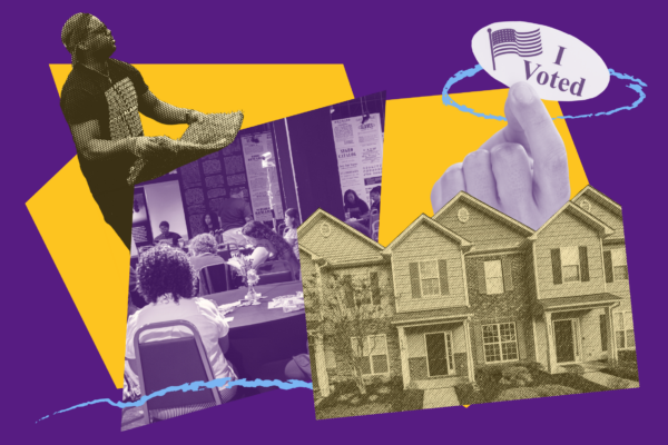 collage of community services on a yellow and purple field