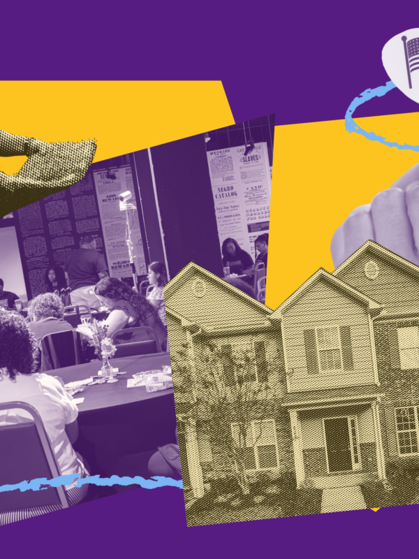 collage of community services on a yellow and purple field