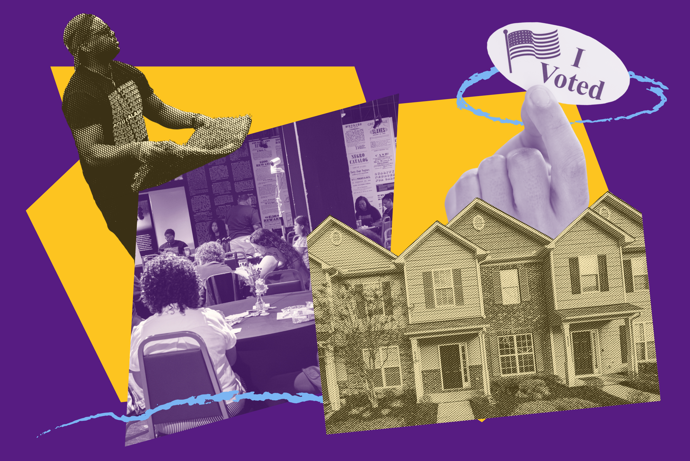 collage of community services on a yellow and purple field