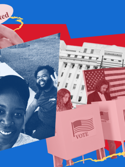 collage on red and blue field of folks voting