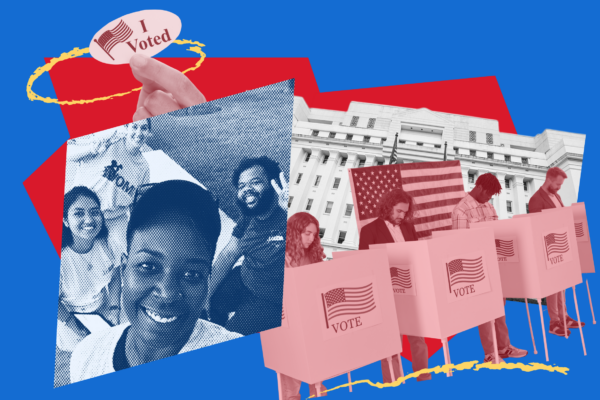 collage on red and blue field of folks voting
