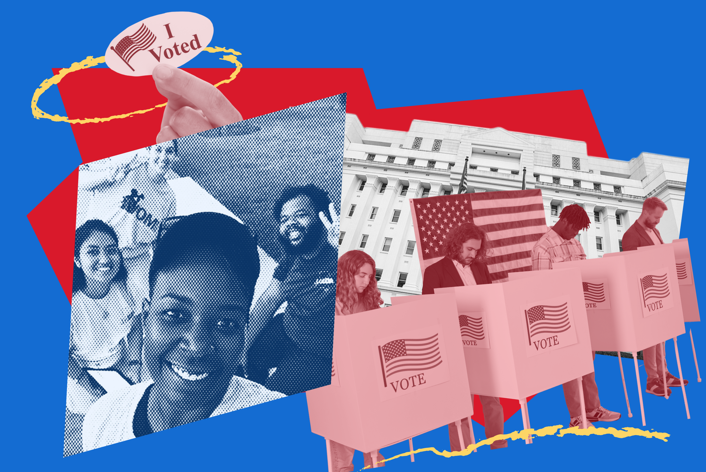 collage on red and blue field of folks voting