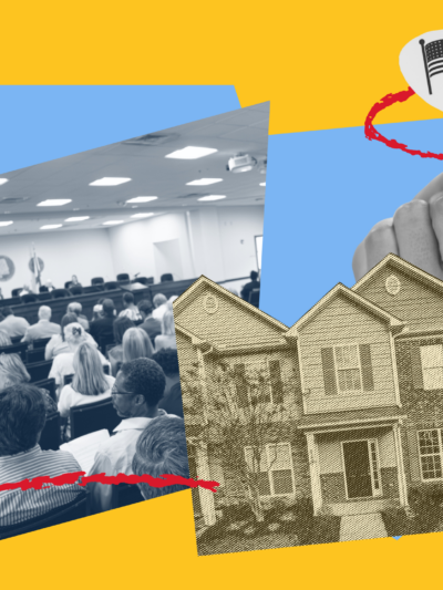 collage of community services on a yellow and blue field
