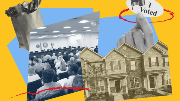 collage of community services on a yellow and blue field
