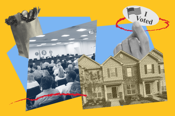 collage of community services on a yellow and blue field