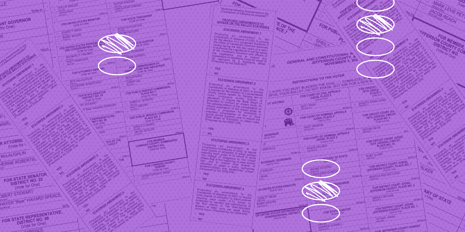 sample ballots on a purple field