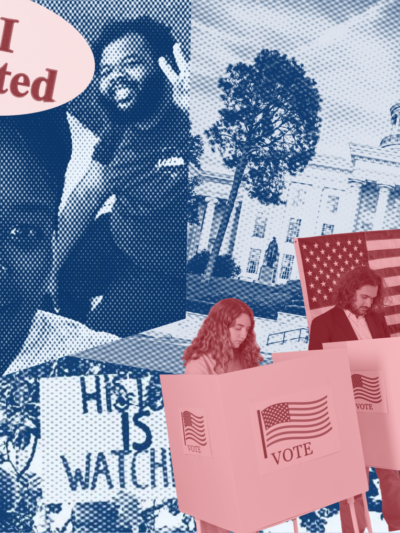 collage on red and blue field of folks voting