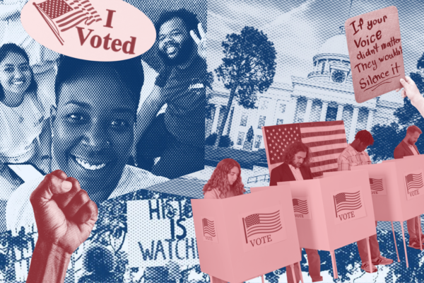 collage on red and blue field of folks voting