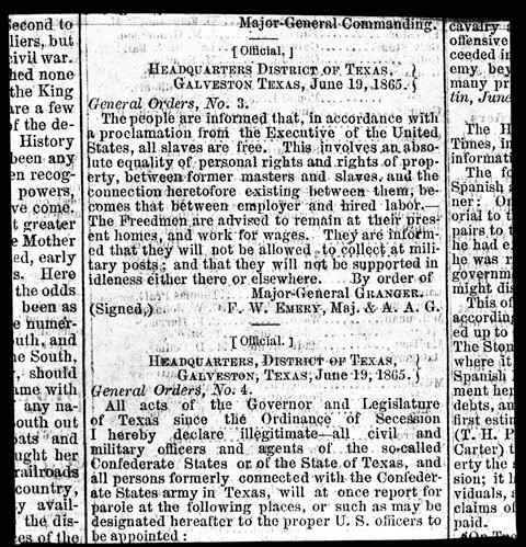 Galveston paper announcing Emancipation