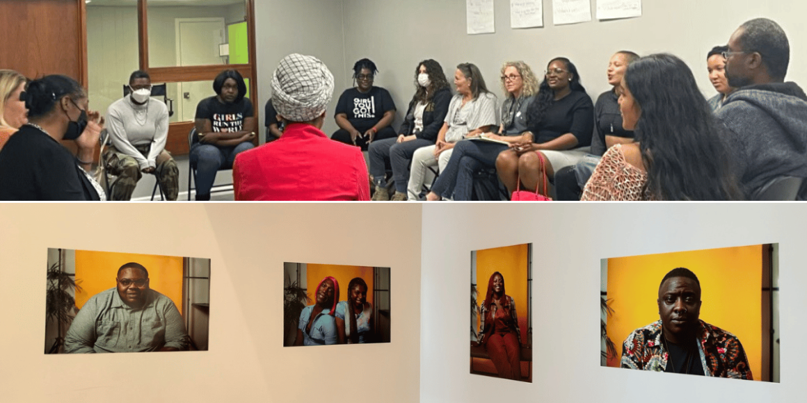 Photos of the 2022-2023 Smart Justice Organizing School cohort and the Black Trans Futures storytelling exhibit