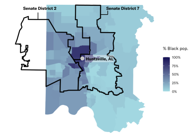 map of Huntsville showing Black population density and district lines