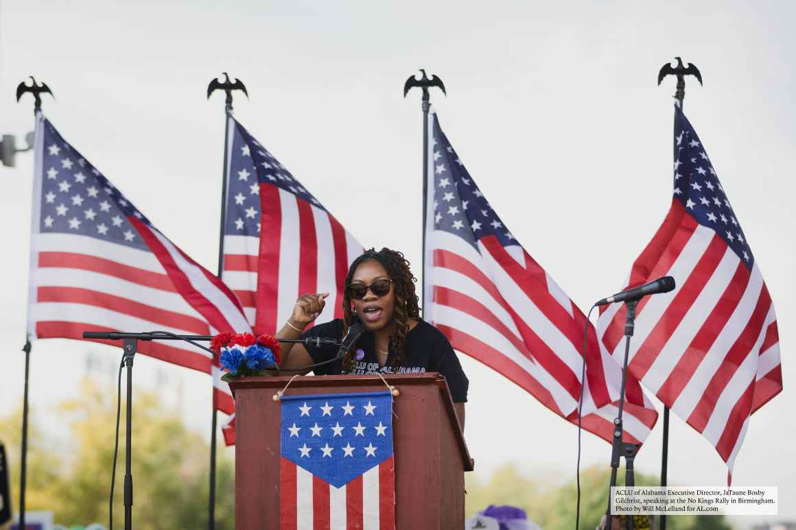 ACLU of Alabama Executive Director, JaTaune Bosby Gilchrist, speaking at the No Kings Rally in Birmingham. Photo by Will McLelland for ALcom ACLU of Alabama Executive Director, JaTaune Bosby Gilchrist, speaking at the No Kings Rally in Birmingham. Photo by Will McLelland for ALcom