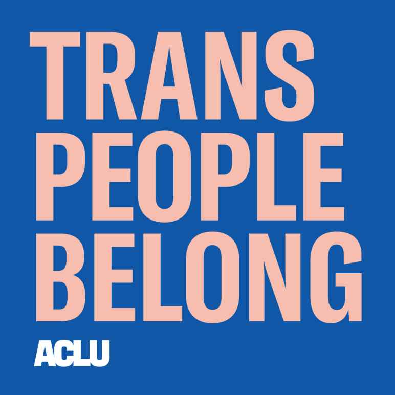pink text on blue background "trans people belong"