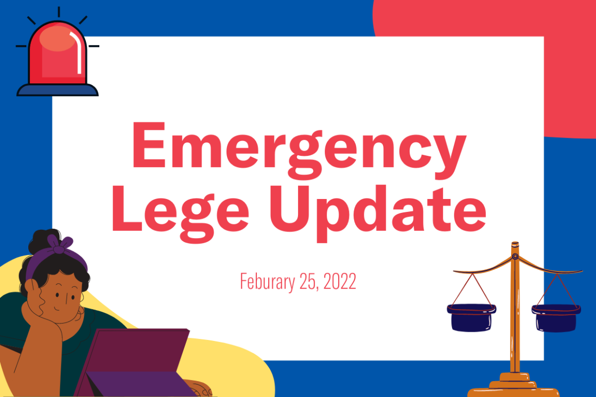 A graphic showing 'Emergency Lege Update' with illustrations of an alarm, a woman reading a tablet, and a scale.