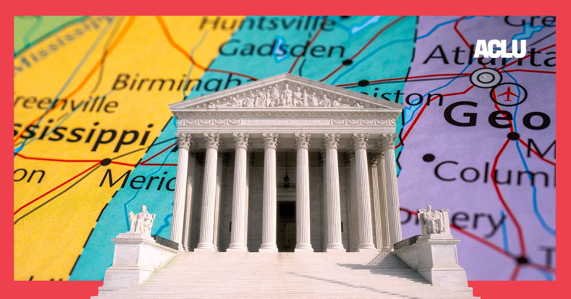 Supreme Court building with a map of Alabama in the background