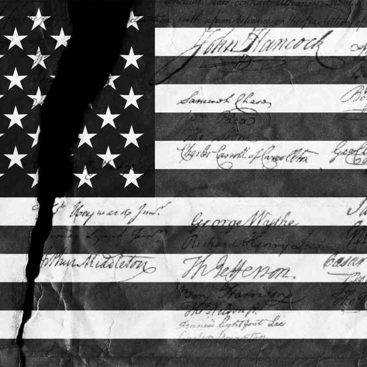 black and white flag with signatures
