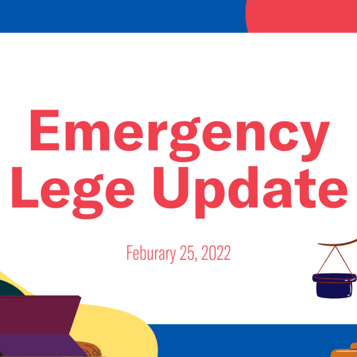 A graphic showing 'Emergency Lege Update' with illustrations of an alarm, a woman reading a tablet, and a scale.