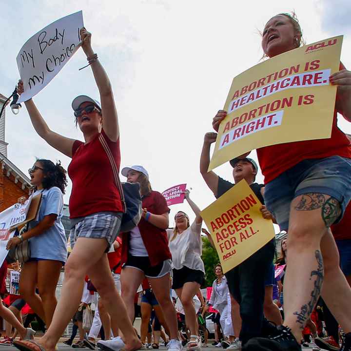 Protesters marching at abortion rally