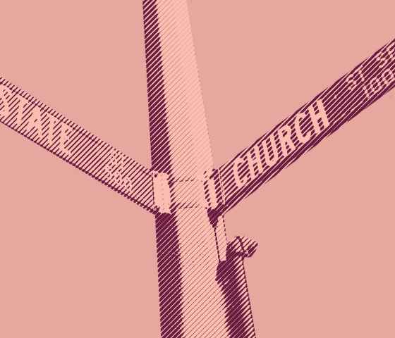 Church and State street signs pointing in opposite directions